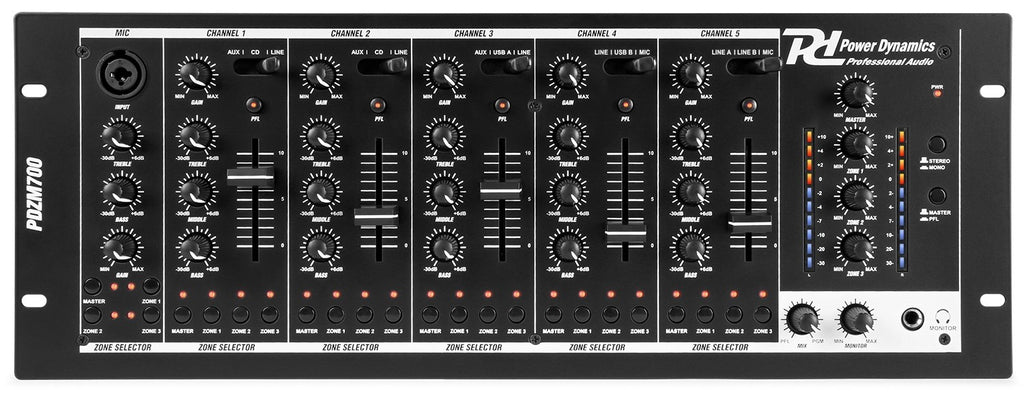 Power Dynamics PDZM700 6 kanals mikser med 4 soner