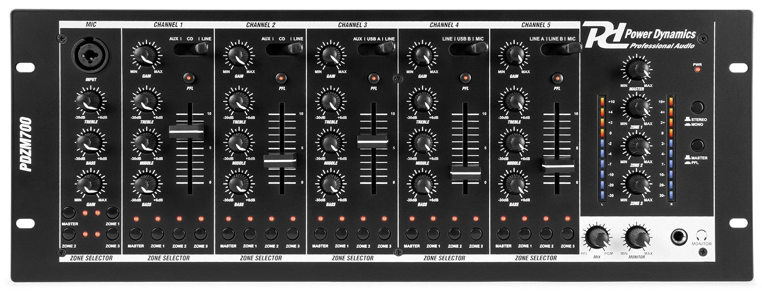 Power Dynamics PDZM700 6 kanals mikser med 4 soner